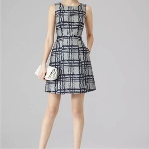 Reiss Peron Dress Fit And Flare Cocktail Mini Dress Sleeveless Pockets Navy Grey